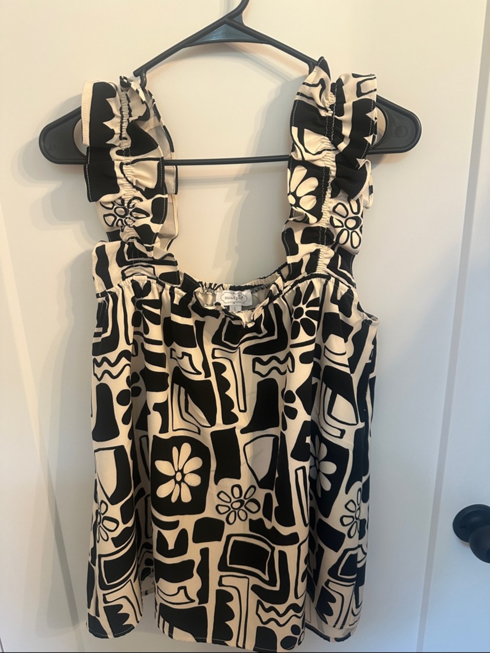 Mud Pie Black and Cream Ruffle Strap Tank Top